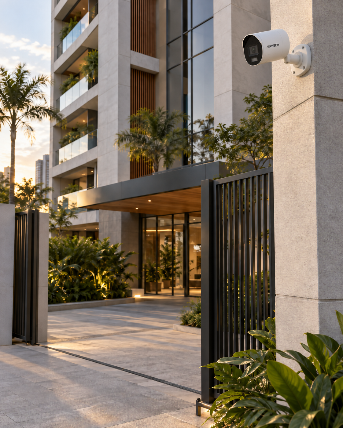Imagem ilustrativa de câmera Hikvision ColorVu 3.0 na entrada de um edifício contemporâneo
